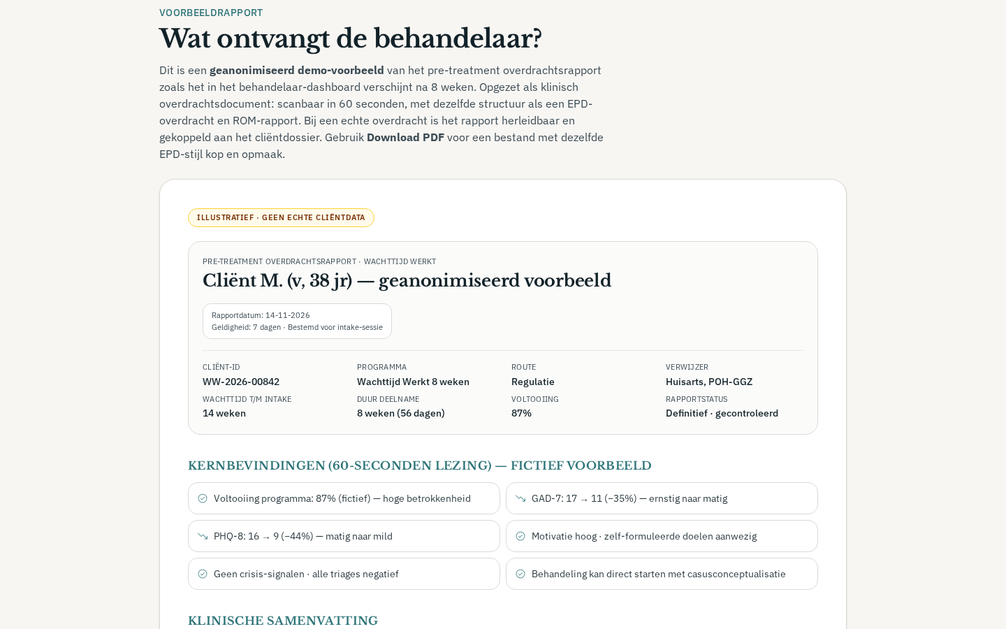 Voorbeeldrapport: EPD-header met cliëntgegevens en kernbevindingen